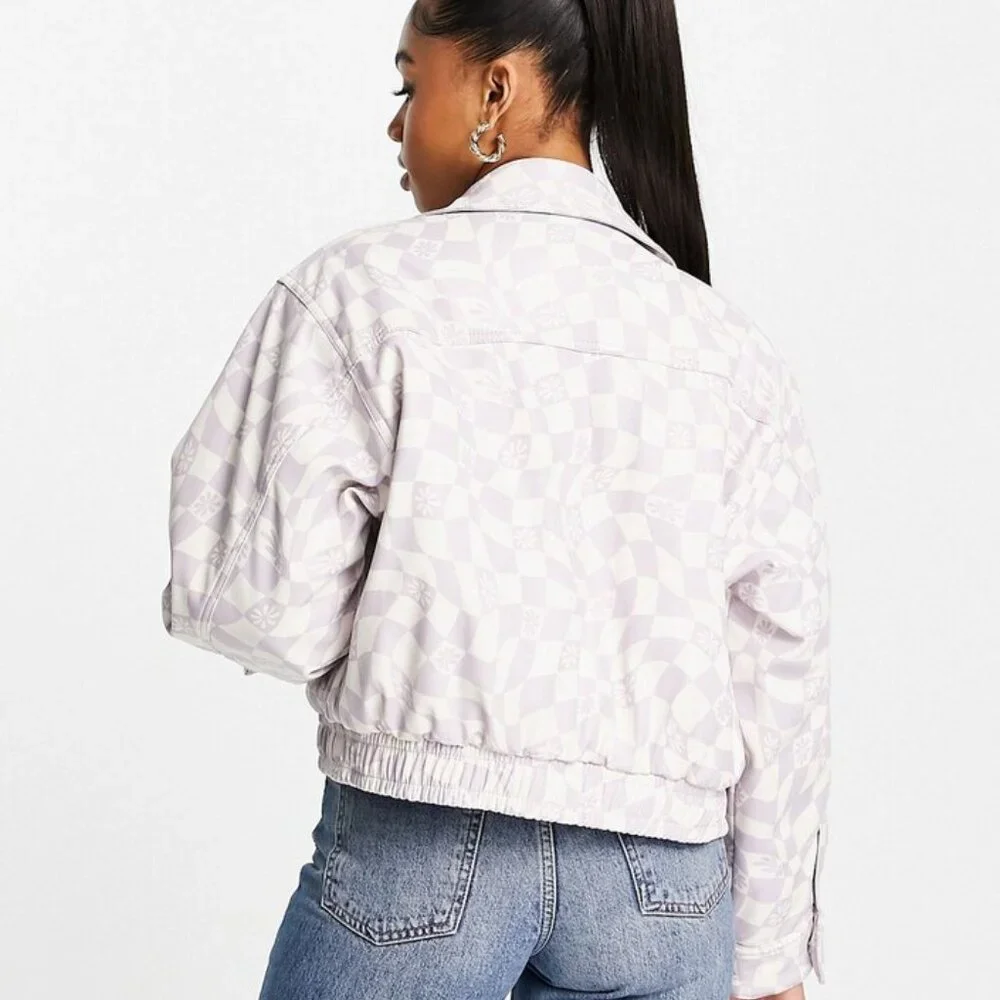 NWT- ASOS * Printed Faux Leather Bomber Jacket in Lilac * Size 12 - Picture 3 of 13